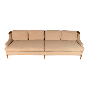Circa 1960s Erwin Lambeth Original Cream Fabric 4 Seat Sofa with Sculptural Oak Detailing