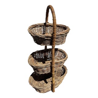 Rustic European French Handwoven 3-Tier Wicker Basket For Sale