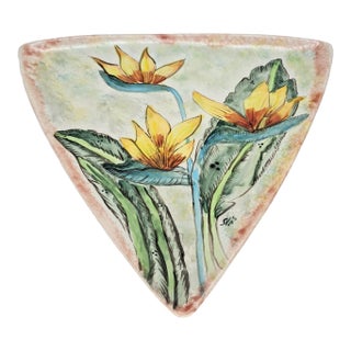 Hand-Painted Triangular Plate With Orange and Yellow Lilies Signed by Artist For Sale