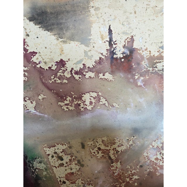 Striking very large-scale abstract rectangular painting featuring a layered composition of moody charcoal, soft lavender,...