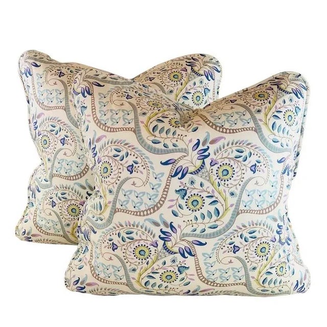 Designer Vicki Payne Free Spirit Blue Brown Tan Yellow Modern Botanical Paisley Leaves Pillow Covers- Pair For Sale In Jacksonville, FL - Image 6 of 8
