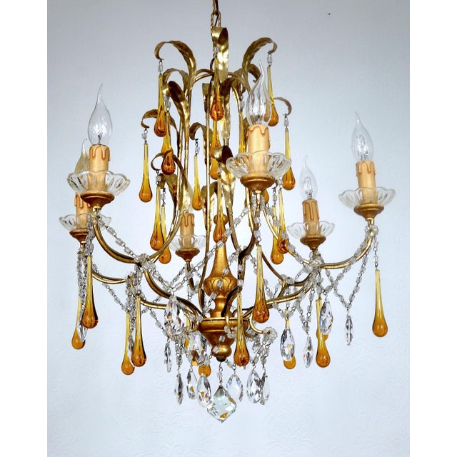 Gold Gilded Metal and Murano Glass Drop Chandelier, 1940s For Sale - Image 8 of 12