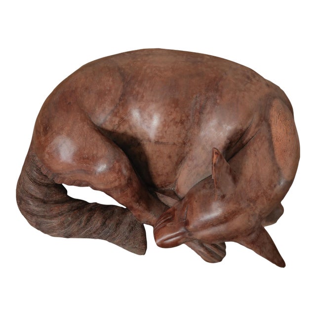 Hand-Carved Wooden Sleeping Dog Sculpture in Curled Form For Sale