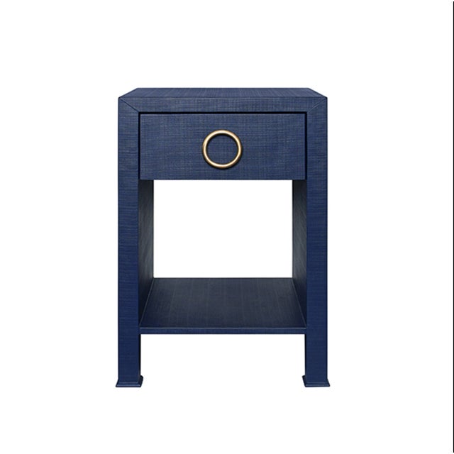 Worlds Away Matthew Izzo Home Malcolm Navy Linen One Drawer Side Table With Brass Drawpull For Sale - Image 4 of 4