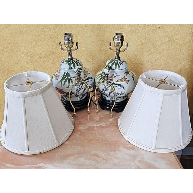 Vintage Chinoiserie Porcelain Bird & Floral Table Lamps With Shades - a Pair For Sale - Image 10 of 18