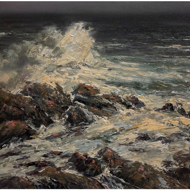 Cascais, Portugal by Sparky LeBold | Oil on Canvas Seascape with crashing waves on rocky shore For Sale