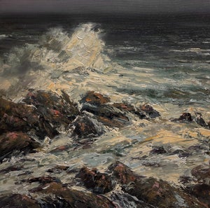 Cascais, Portugal by Sparky LeBold | Oil on Canvas Seascape with crashing waves on rocky shore