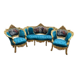1900s French Louis XVI Blue-Green Velvet Sofa & Chairs – 3 Pieces For Sale