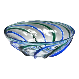 1970s Archimede Seguso Signed Studio Art Glass Bowl Spiral Ribbon Stripes