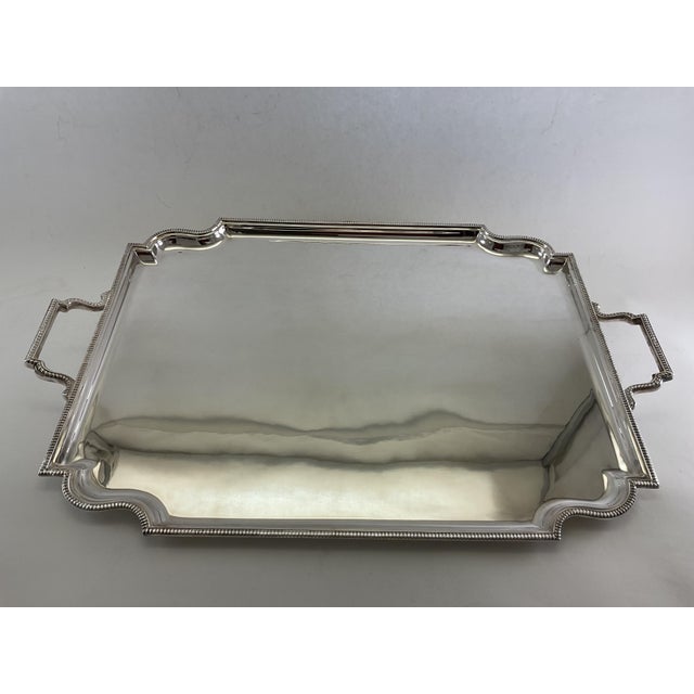 1970's Vintage/New Silverplate Traditional Tray With Shaped Corners Gadroon Applied Mount For Sale - Image 4 of 16