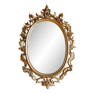 1960s Hollywood Regency Gold Floral Oval Wall Mirror For Sale