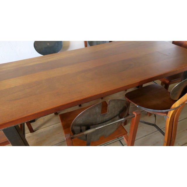 Mid-Century Brutalist Teak and Patinated Steel Dining Table & Chairs, Set of 7 For Sale - Image 17 of 18
