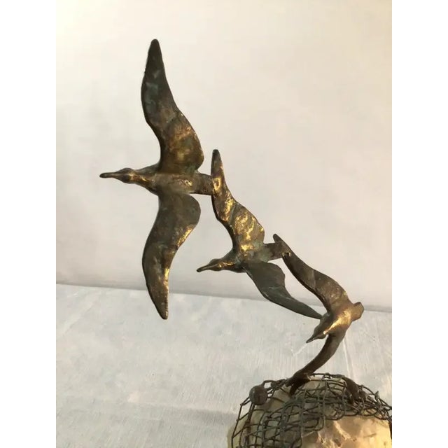Metal 1960s Curtis Jere Attributed 3 Birds in Flight Sculpture on Stone Base For Sale - Image 7 of 11