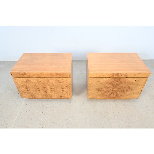 Mid-Century Modern Milo Baughman Style Mid-Century Burl Wood Nightstands by Lane Furniture, Pair | Newly Refinished For Sale - Image 3 of 14
