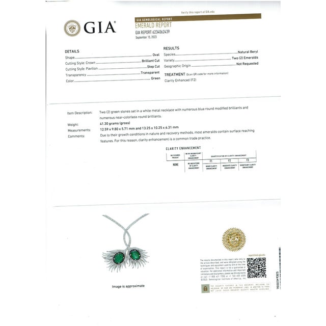 Gia Certified 20ct Zambian Emerald & 15ct Diamond Necklace Earring Suite 18kwg For Sale - Image 4 of 8