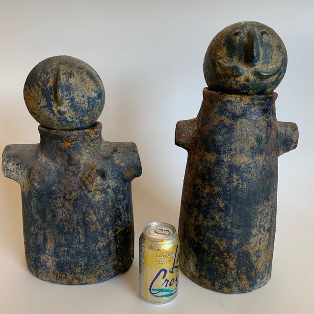 Blue Mid-Century Painted Terracotta Pottery Male Female Sculptures - a Pair For Sale - Image 8 of 12