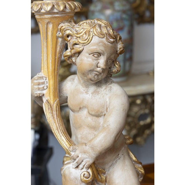 Pair of Italian Giltwood Cherub Candlestick Lamps For Sale In West Palm - Image 6 of 10