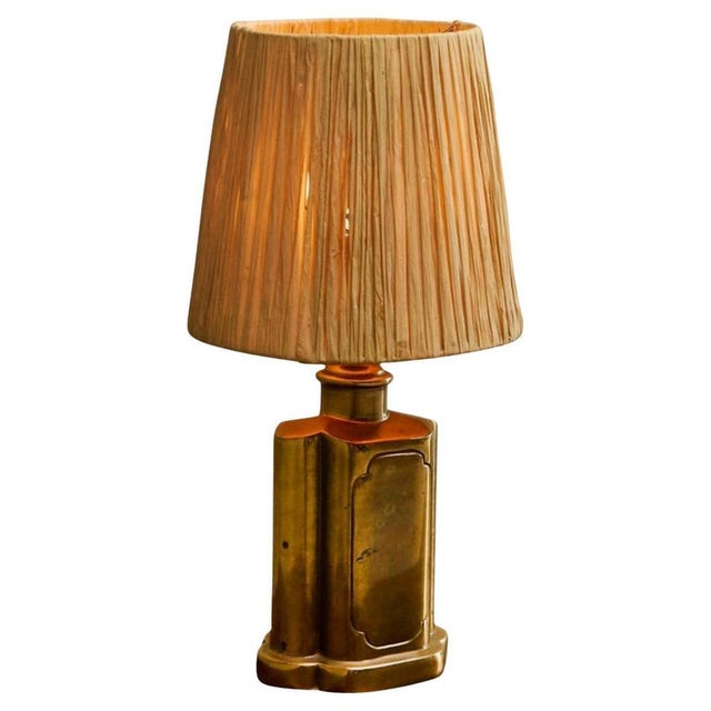 Art Deco Table Lamp in Patinated Brass with Raffia Shade, 1940s For Sale - Image 13 of 13