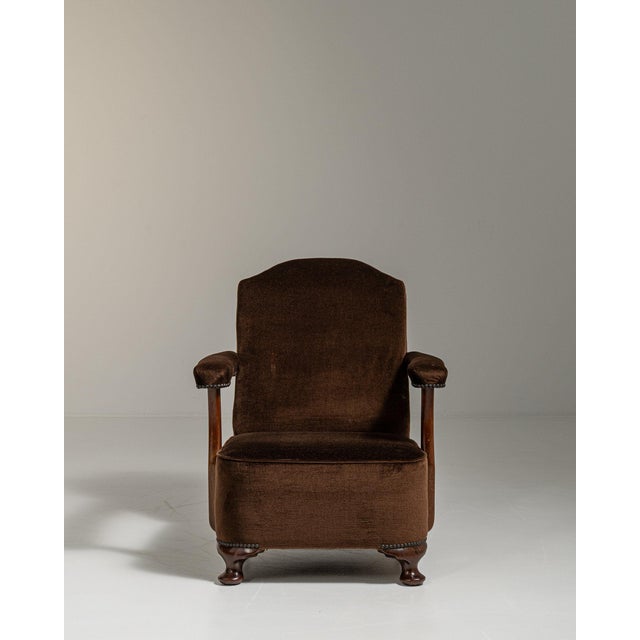 French Provincial 1940-1949 France Deep Espresso Brown Upholstered Wingback Armchair For Sale - Image 3 of 11