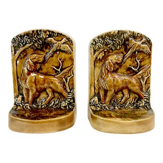 1980s Vintage Rustic European Folk Art Ceramic Phesant & Setter Bookends - a Pair For Sale