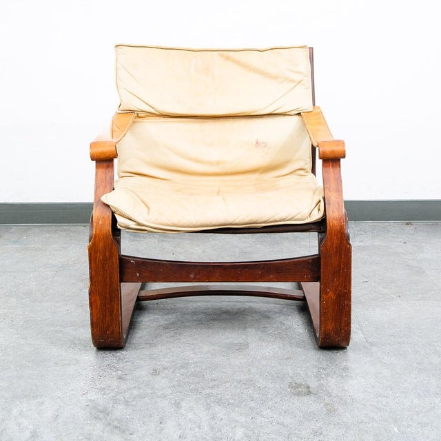 Mid-Century Modern Mid Century Danish Modern Lounge Chair Brown Leather Armchair Tan Saddle Arms For Sale - Image 3 of 12