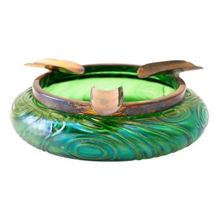 Antique Art Nouveau Bohemian Czech Kralik Green Iridescent Glass Ashtray, 1908 For Sale