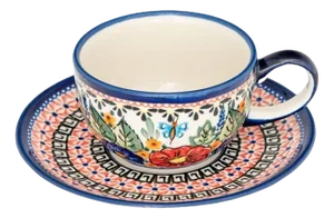 200 ml Cups with Lotus Flower Saucers by Porcelana Boleslawiec, Set of 2