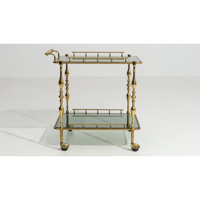Mid 20th Century Hollywood Regency Brass Bar Cart on Wheels, France, 1960 Gold For Sale - Image 5 of 13