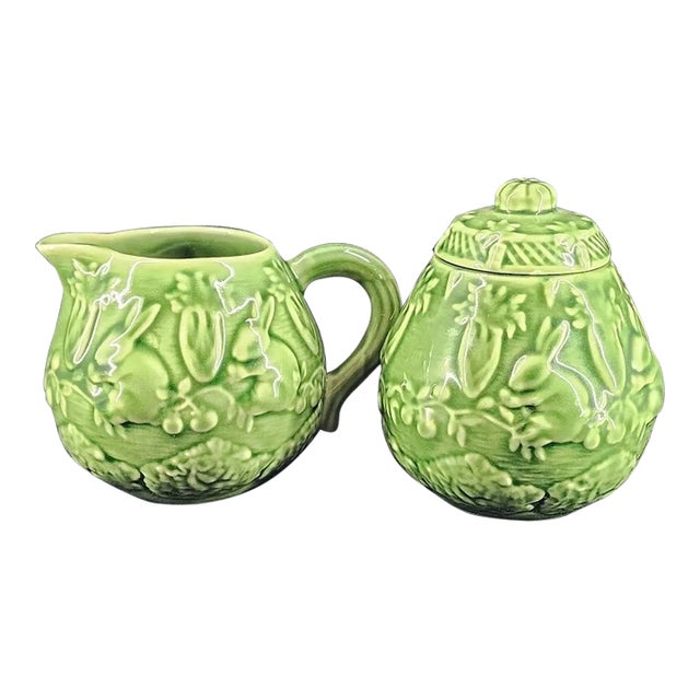 Vintage Bordallo Pinheiro Portugal Cabbage Creamer & Sugar Set For Sale