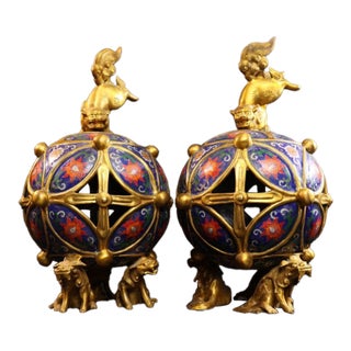 Pair of Chinese Cloisonné Incense Burners | Gilt Bronze Lion & Brocade Ball Motif For Sale