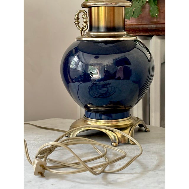 1950s 1950s Brass and Indigo Blue Porcelain Lamp With Shade For Sale - Image 5 of 10