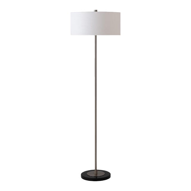 Nova of California Slimline Floor Lamp With White Linen Drum Shade and Black Marble Base - 18 Inch Drum, 61 Inch Tall, Satin Nickel Pole For Sale