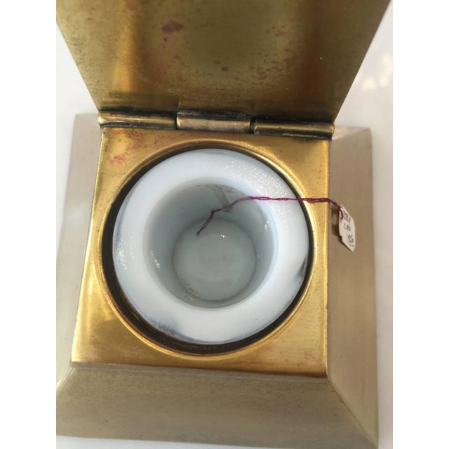 Traditional 1930s Egyptian Revival Brass Pyramid Inkwell With Milk Glass Holder For Sale - Image 3 of 6