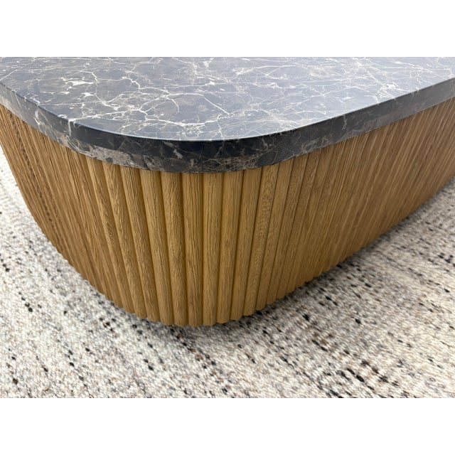 RH Mulholland Emperador Plinth Rectangular Coffee Table – 60" Emperador Marble Top | Natural Oak Reeded Base | Bina &...