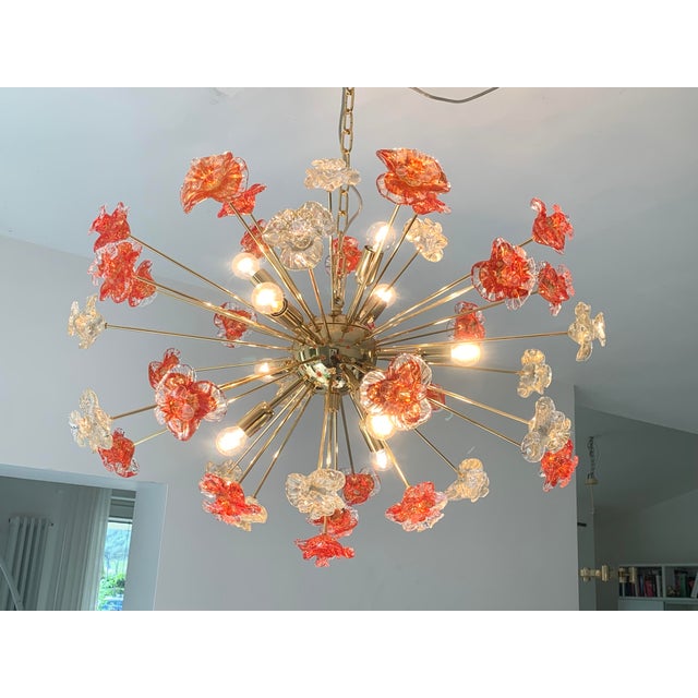 Metal Contemporary Red and Violet Flowers Murano Glass Sputnik Chandelier For Sale - Image 7 of 11