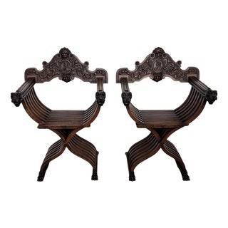 Italian Savonarola Armchairs in Carved Walnut, 1900, Set of 2 For Sale