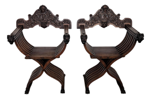 Italian Savonarola Armchairs in Carved Walnut, 1900, Set of 2