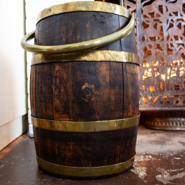 Antique Dutch Wood Cooper Barrel With Brass Hoops and Handle For Sale - Image 13 of 18