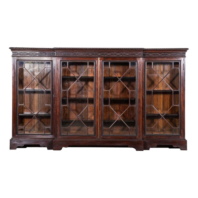 Large 19th Century English Mahogany Glazed Breakfront Bookcase, 1880 For Sale