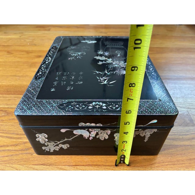 Large Vintage Asian Black Lacquer Box With Mother of Pearl Inlay & Calligraphy For Sale - Image 9 of 9