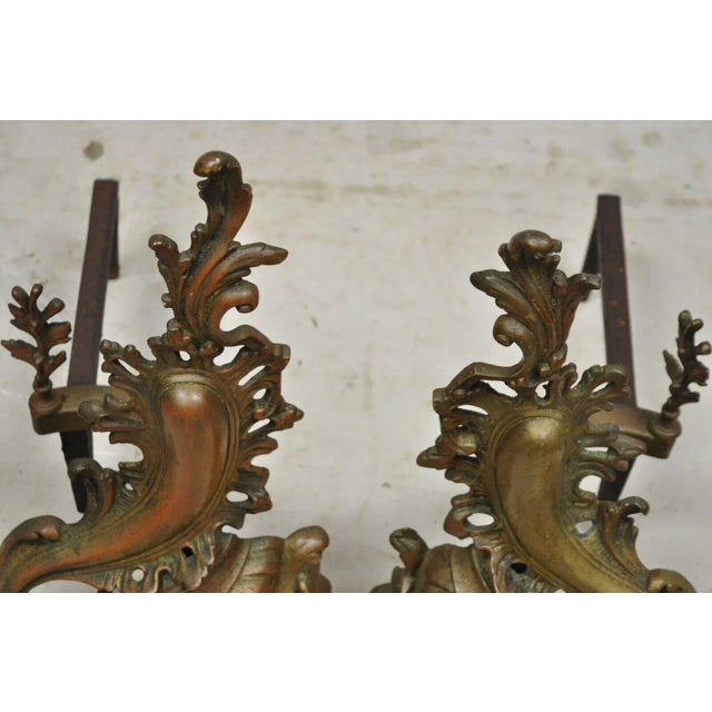 Metal Early 20th Century French Rococo Baroque Style Brass Leafy Acanthus Andirons - a Pair For Sale - Image 7 of 12