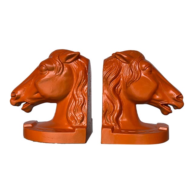 1970s Pair of Orange Lacquered Horse Head Bookends For Sale