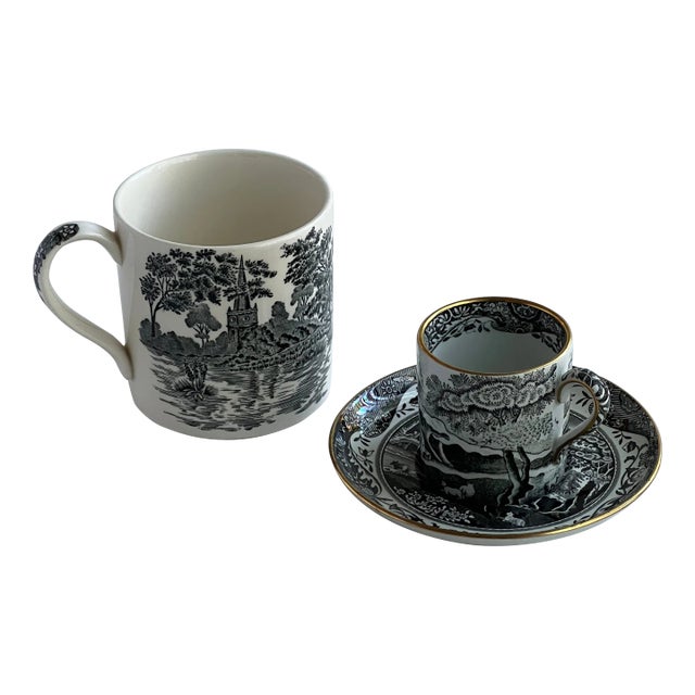 Spode England Italian Black/White Demitasse Cup and Saucer & Wegewood Mug For Sale