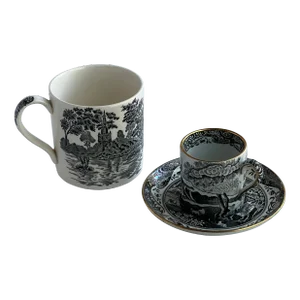 Spode England Italian Black/White Demitasse Cup and Saucer & Wegewood Mug