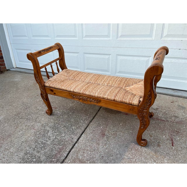2000 - 2009 Rustic Farmhouse Carved Maple Bench With Woven Rush Seat For Sale - Image 5 of 12
