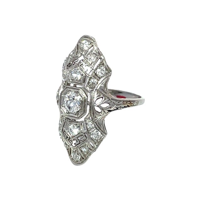 Mid 20th Century Antique Art Deco Platinum Diamond Filigree Cocktail Ring, Size 5 For Sale - Image 5 of 8