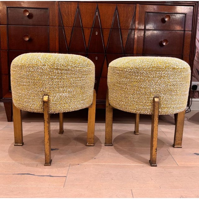 Chartreuse Bouclé Ottomans with Gilded Bronze Structures, 1950s, Set of 2 For Sale - Image 6 of 7
