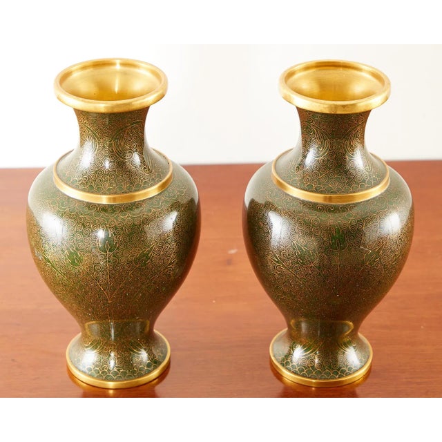 Olive Chinese Cloisonné Enamel Baluster Vases - a Pair For Sale - Image 8 of 13