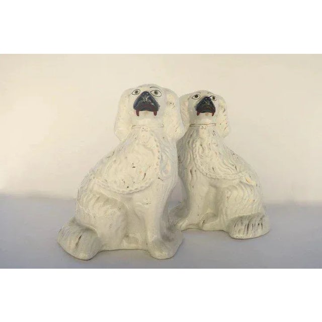 19th Century English Staffordshire Spaniels Dogs White Gilt Highlights Collar - A Pair For Sale - Image 4 of 5