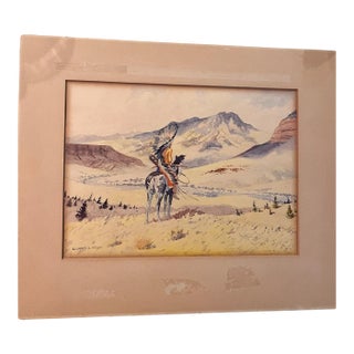 1940s Leonard H. Reedy Original Western Watercolor, Native American Horseback Rider, 9” X 12” For Sale